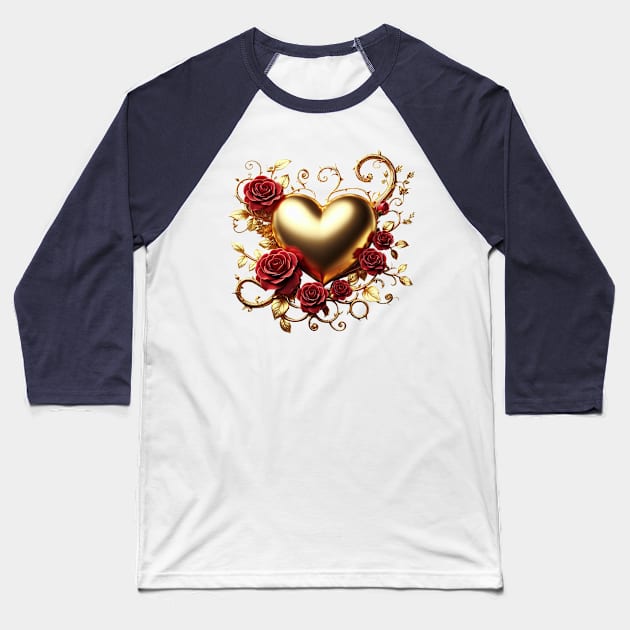 Valentines Day Gold Heart and Red Roses Baseball T-Shirt by Amanda Lucas